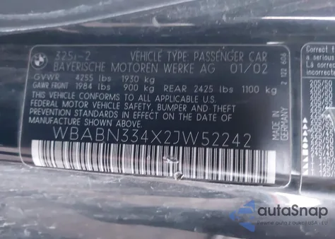 2002 BMW 325Ci from USA, damaged, VIN WBABN334X2JW52242